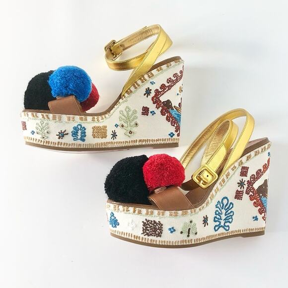 Christian Louboutin Cycladissimo Pompom Embroidered Platform Wedge Sandals 36 - Picture 7 of 11